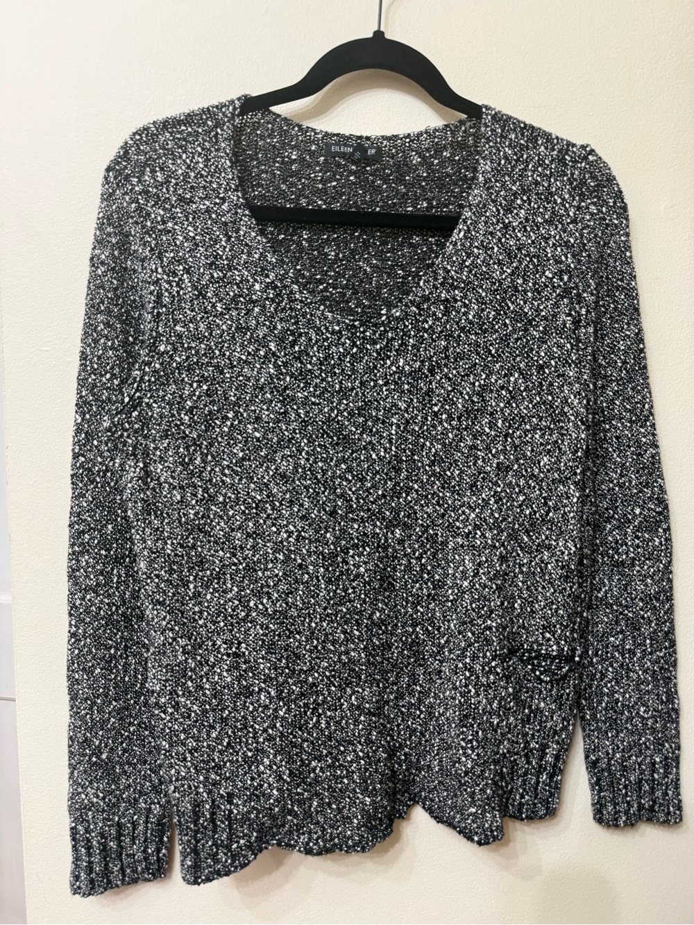 Eileen Fisher S Black & White Marled 100% Cotton V-Neck Sweater Knit Texture Eco